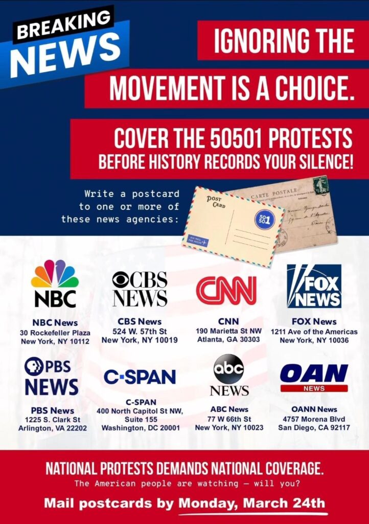 50501 poster that provides addresses to contact the networks to encourage them to cover the protests